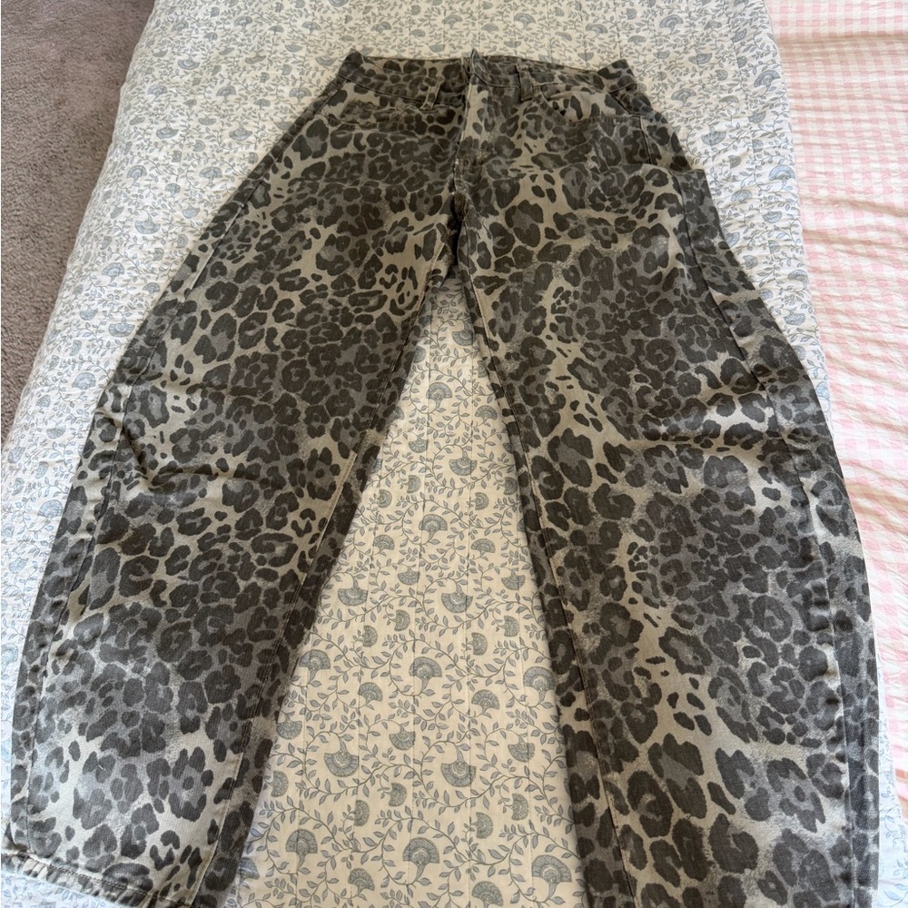 Leopard Print Barrel Leg Pants - white and black